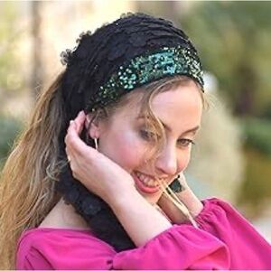 Lovely Black & Green Lace Handmade Mitpachat Head Covering-Scarf-Tichel Headband
